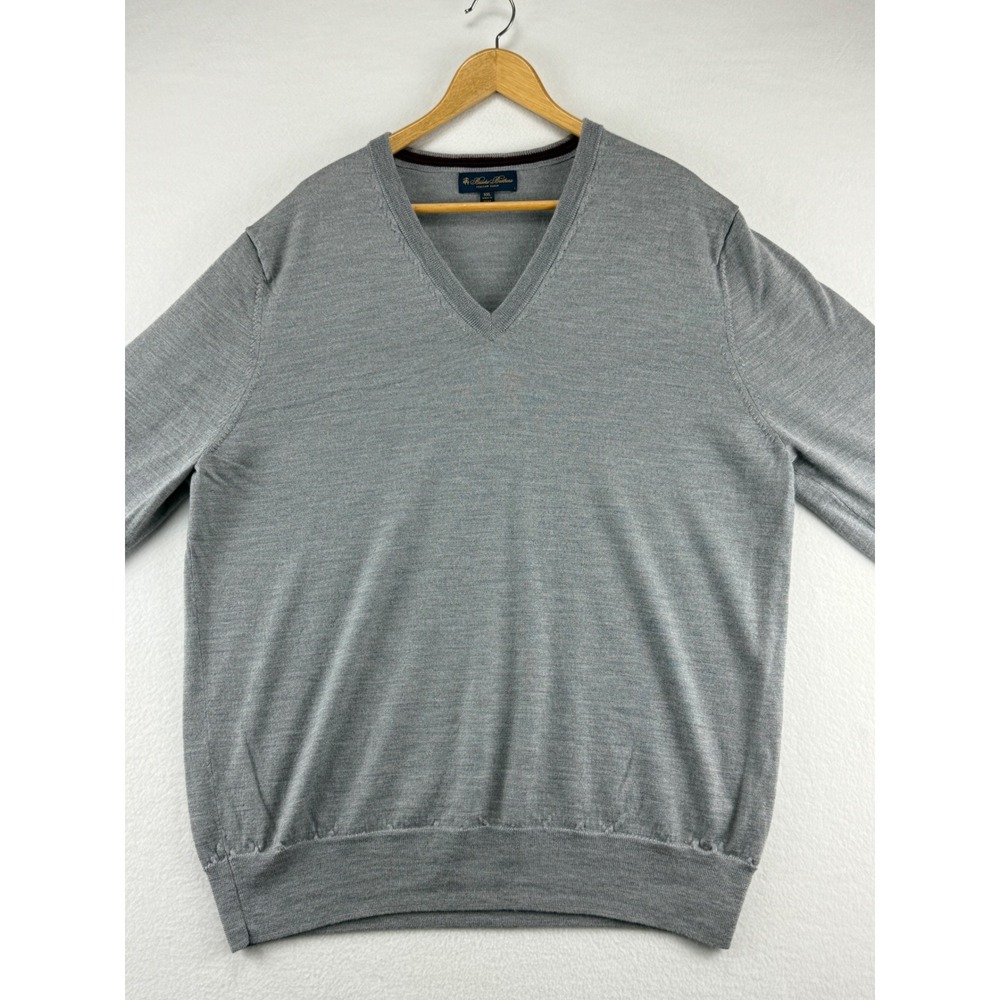 Brooks Brothers Sweater Men XXL Grey 100%Merino Wool V-Neck Italian YarnPullover